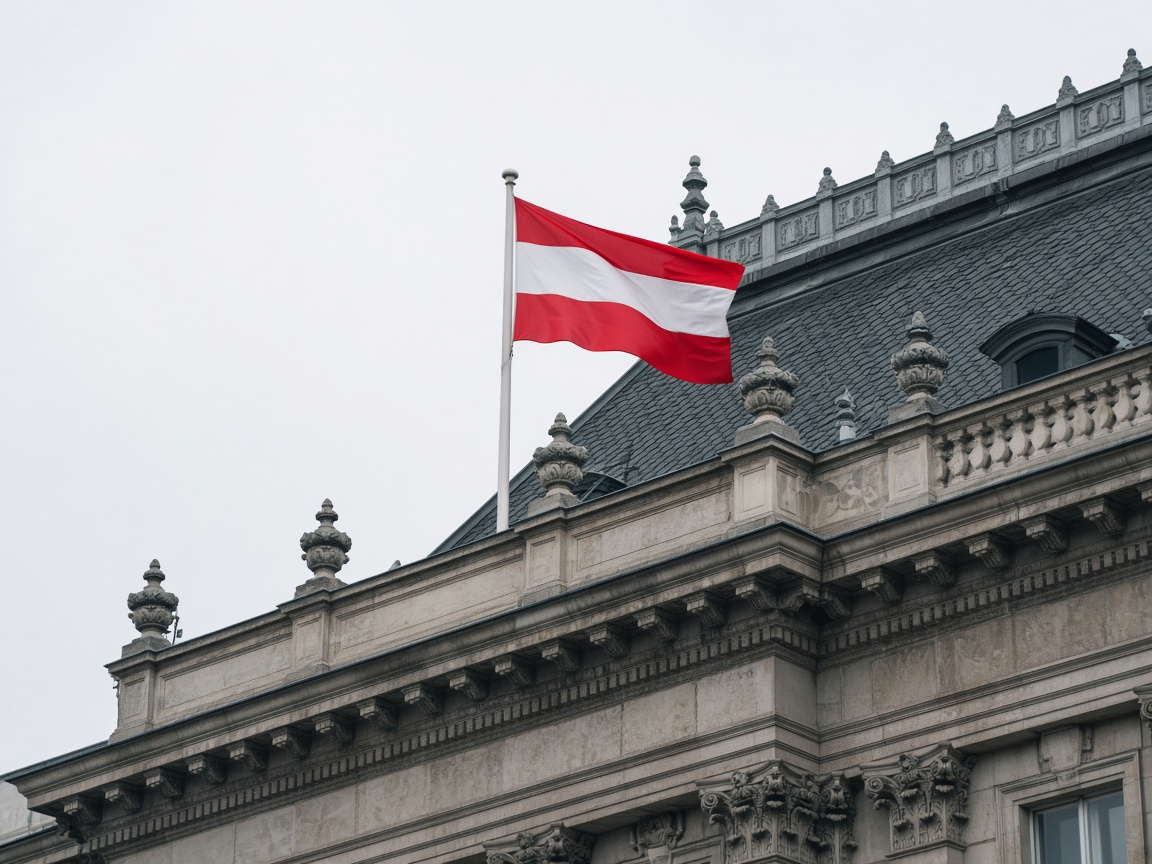 Dach eines historischen Gebäudes mit österreichischer Flagge